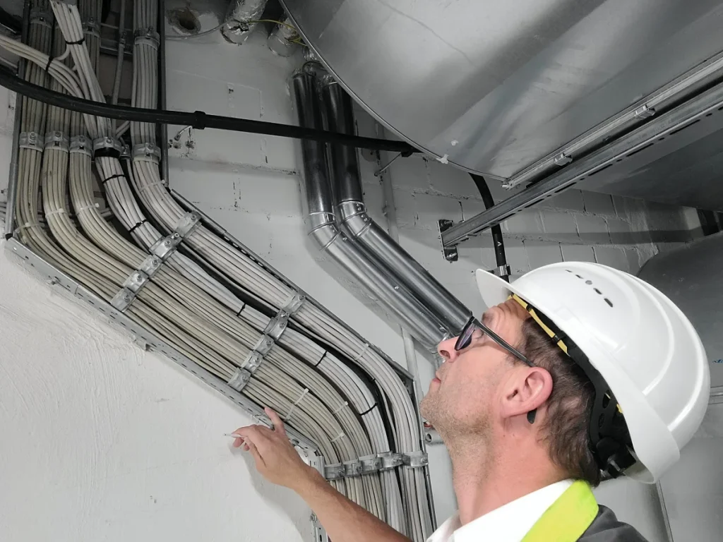 Rohre und orangefarbene Kabel anliegen.